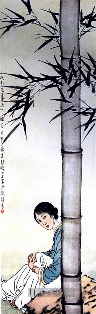 Xu Beihong Mädchen unter chinesischen Bambus alte China Tinte Ölgemälde